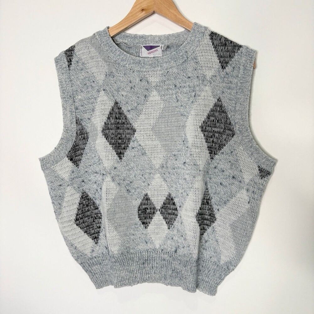 Vintage Honors Sweater Vest Crew Neck Gray Argyle Men Size 40 / XL 90's